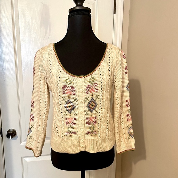 Anthropologie Guinevere Blue Ribbon Cardigan Size M Folksy Needlepoint Cableknit - Picture 2 of 13